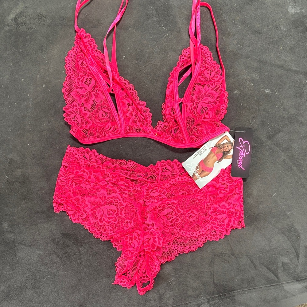Lace Bralette and Panty Set - Vibrant Pink - Never Worn